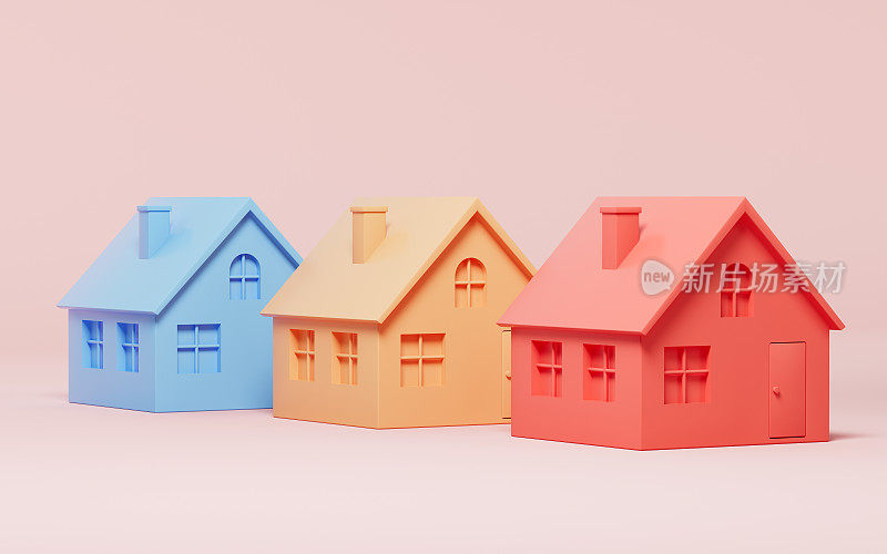 不同的房子，粉色背景，3d渲染。