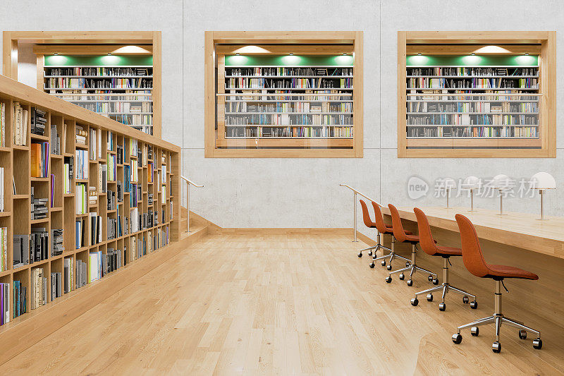 现代图书馆内部有书架，桌子和椅子