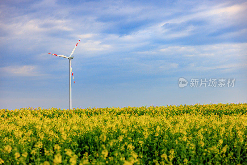 春天，远处农田上的风力发电机