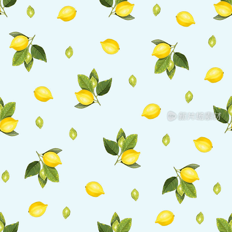 无缝柠檬模式。蓝色背景上有叶子的多汁柠檬。