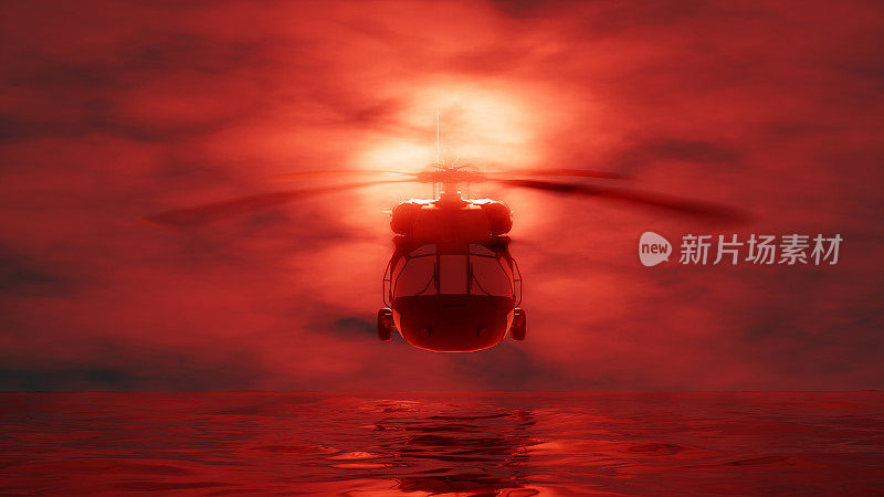 直升机在雾中飞行，亮着红灯