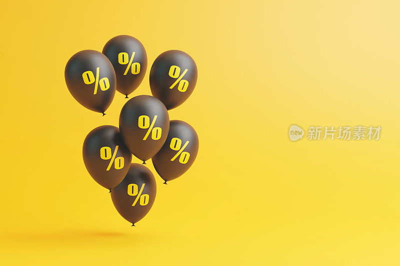 一套黑色气球与黄色百分比标志浮动在黄色背景