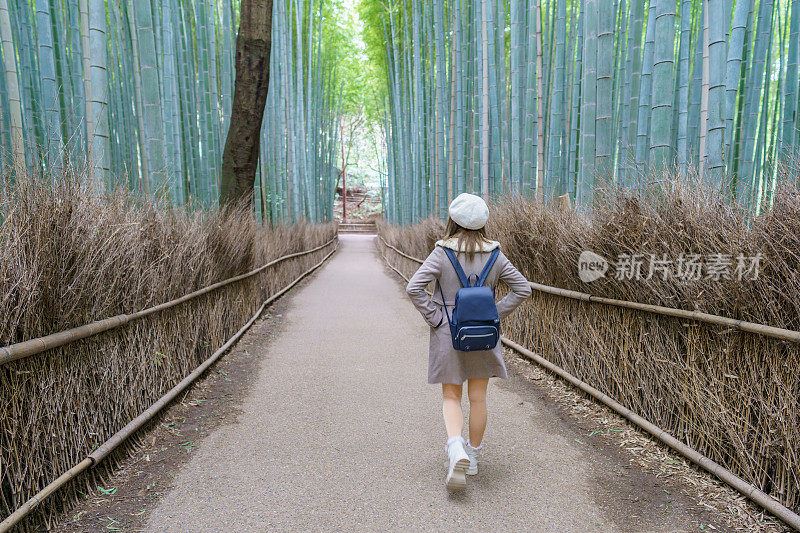 美丽的女子游客散步享受他们的旅程竹林日本在冬天