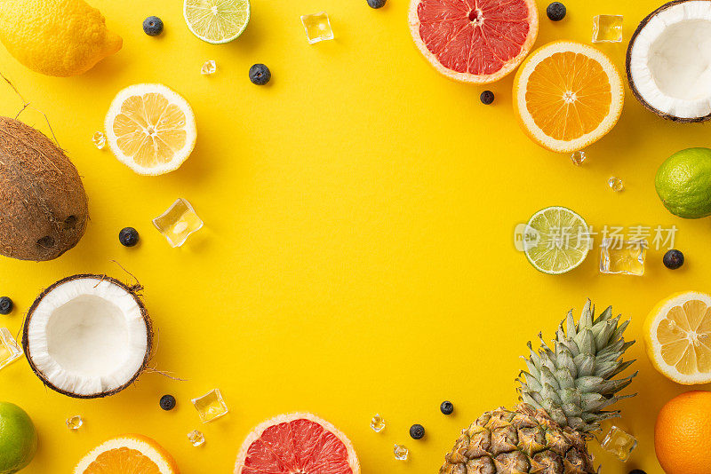 这张时尚的顶层平铺照片的特点是，在充满活力的黄色背景上，有橙色、柠檬、酸橙和葡萄柚等柑橘类水果的集合，空白的文字