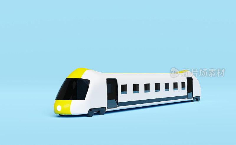 3d动车组卡通，黄白色天空列车运输玩具，夏季旅游服务，规划旅行者旅游列车孤立在蓝色背景。3d渲染图