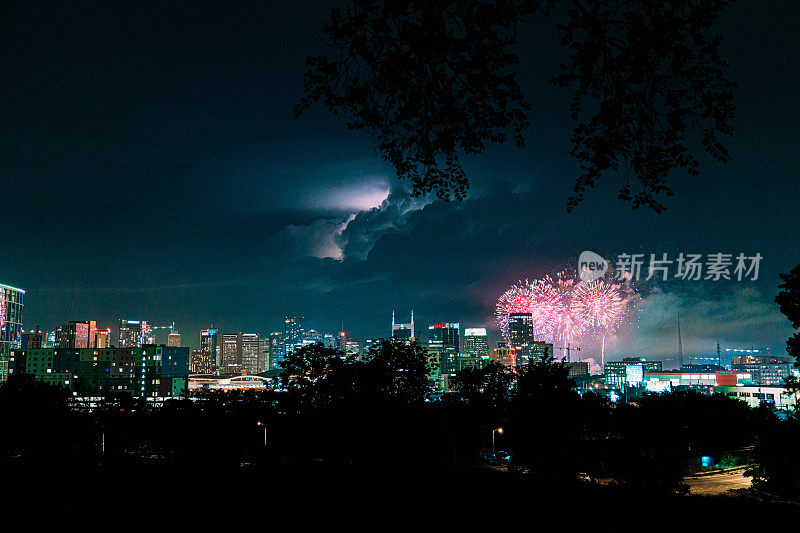 独立日当天，田纳西州纳什维尔市中心上空的雷雨云和烟花