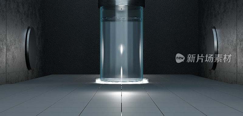 低温胶囊冬眠冷冻胶囊玻璃管冷冻液体冬眠3D插图科幻传送科学技术冷冻足类动物冷冻足类动物实验室设备实验室场景