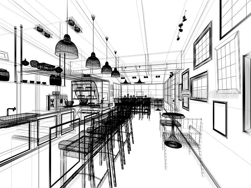 咖啡店草图设计，3dwire框架渲染