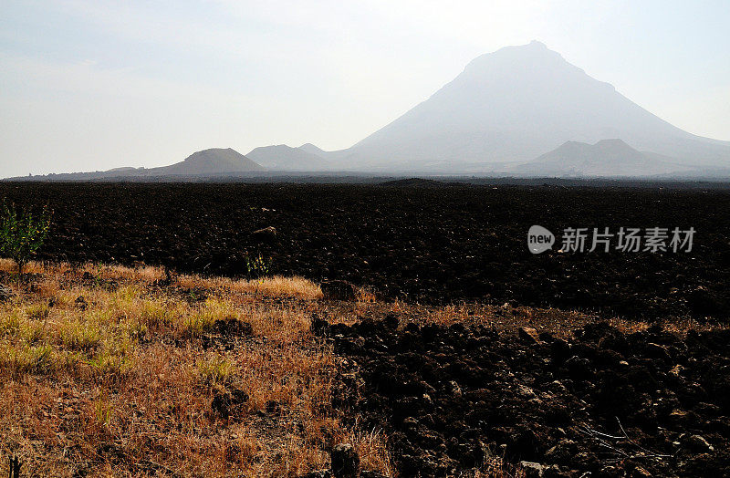 草地通向火山附近的熔岩场