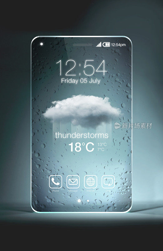 透明智能手机与雷暴图标在蓝色背景