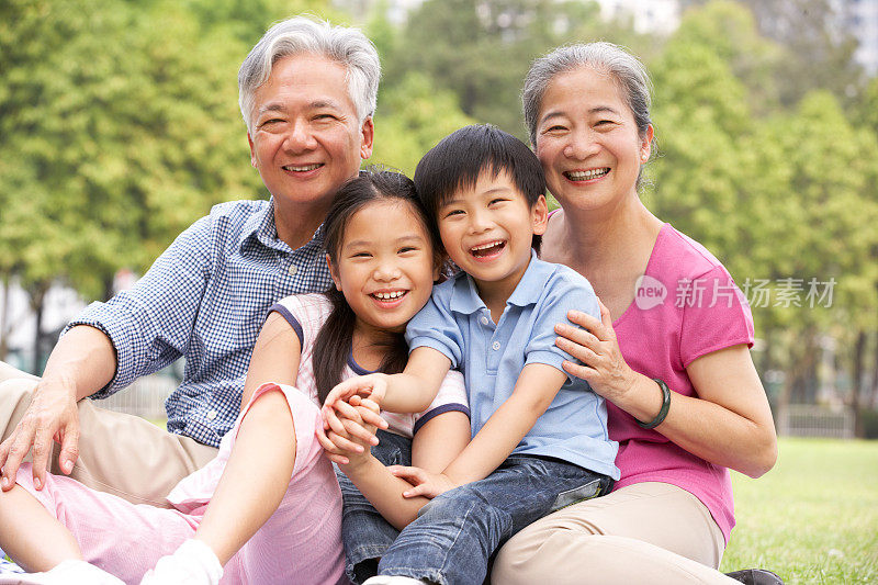 中国爷爷奶奶在公园里和孙子孙女们坐在一起