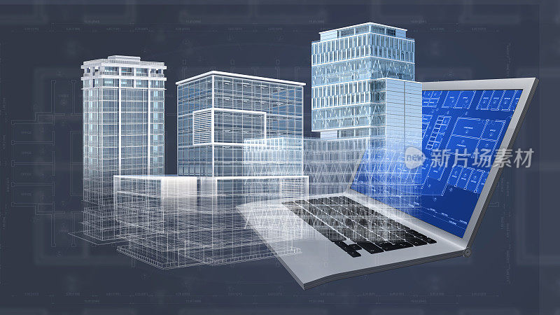 建筑项目蓝图背景与三维建筑模型和计算机