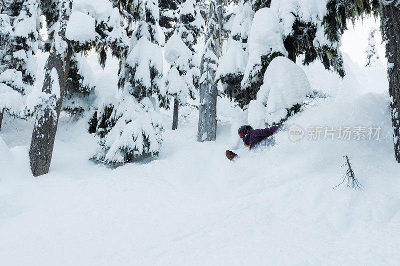 在新鲜的粉末中滑雪