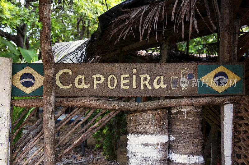 卡波耶拉标志与巴西国旗热带丛林小屋