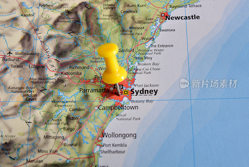 目的地悉尼，澳大利亚在地理地图上的近距离图像