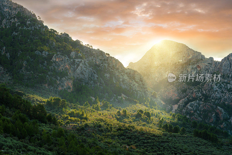 西班牙马略卡岛阳光明媚的山峦