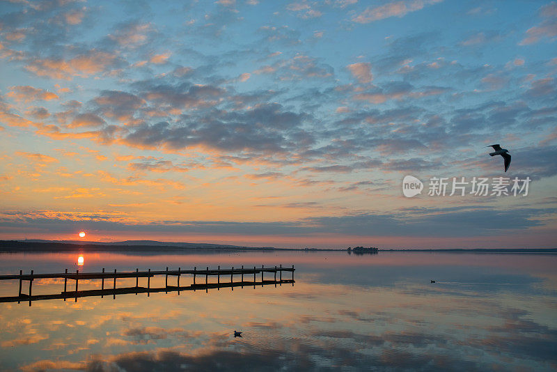 日落时分，海鸥飞过湖面，伴着浪漫的云景