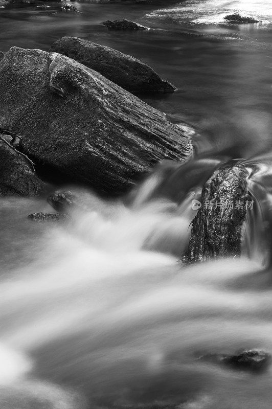 山溪在岩石周围运动的B&W