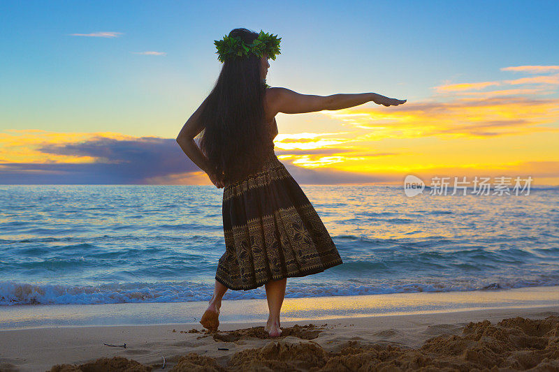 夏威夷草裙舞在海滩上的肖像在日落