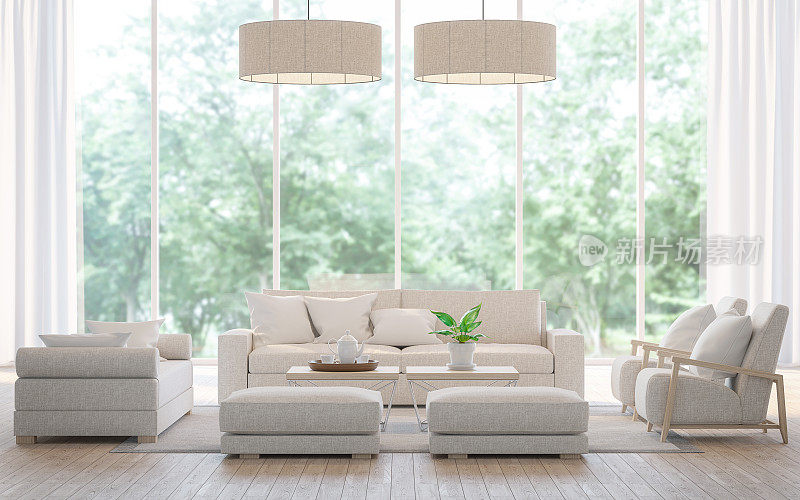 现代白色客厅森林3d渲染图像