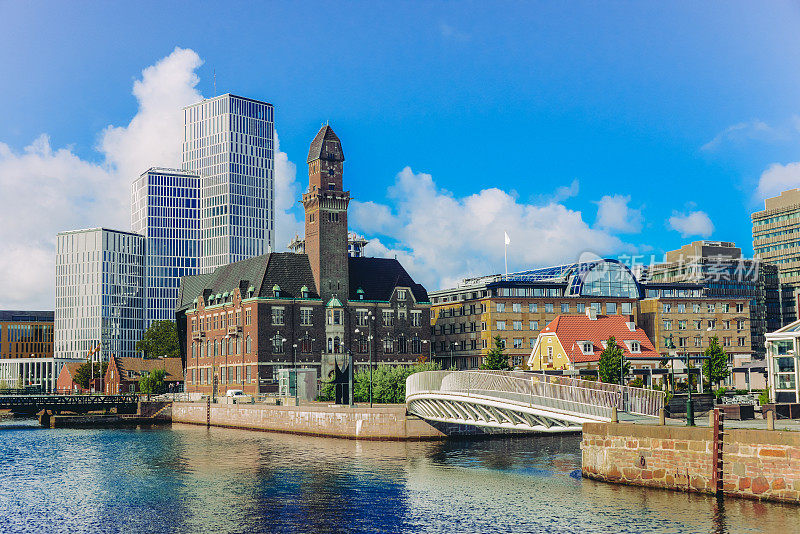 马尔默市中心的古老和现代的建筑，瑞典