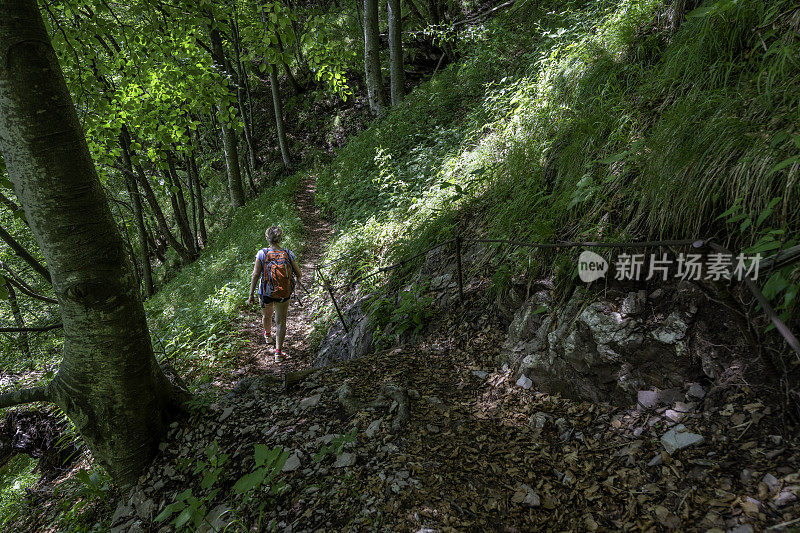 年长妇女徒步旅行朱利安阿尔卑斯山在春天，Primorska，斯洛文尼亚，欧洲