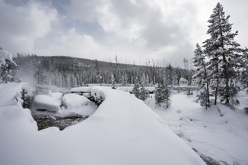 黄石公园诺里斯间歇泉盆地周围积雪的木板路