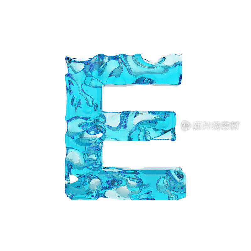大写字母E。清澈的蓝色水做成的液体字体。3D渲染孤立的白色背景。