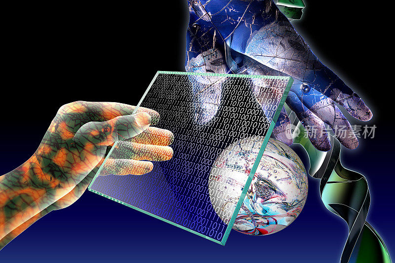 基因重组和纳米技术。机器人的手有一个玻璃晶片。监视器显示一个二进制代码。背景是DNA双链，分子和细胞。
