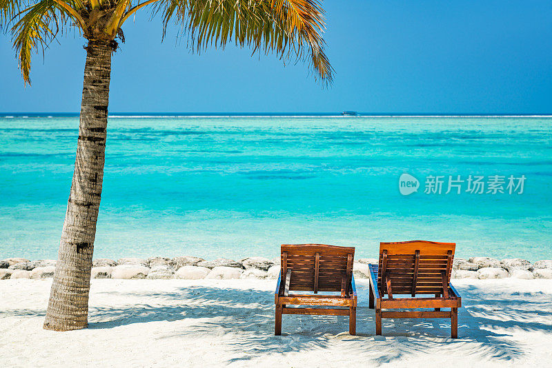 马尔代夫纳拉古赖胡岛太阳岛度假村的日光浴床和棕榈树