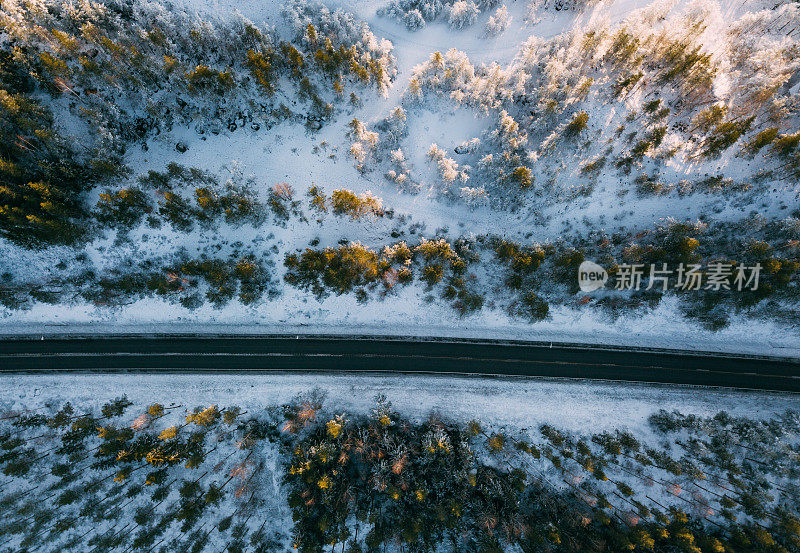 鸟瞰图的道路和森林在冬天的时间。来自空气的自然冬季景观。芬兰的风景从无人机