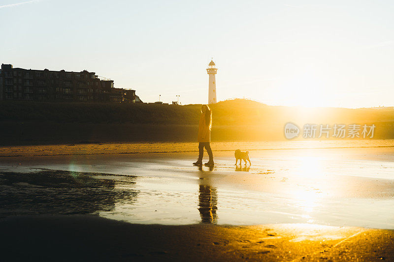 年轻女子和一只狗在海滩散步在风景优美的日出在荷兰