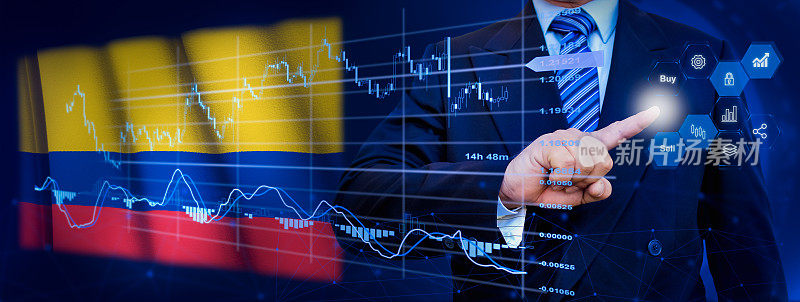 商家触摸数据分析处理系统，以KPI财务图表、库存和销售仪表板为虚拟界面。背景为哥伦比亚国旗。