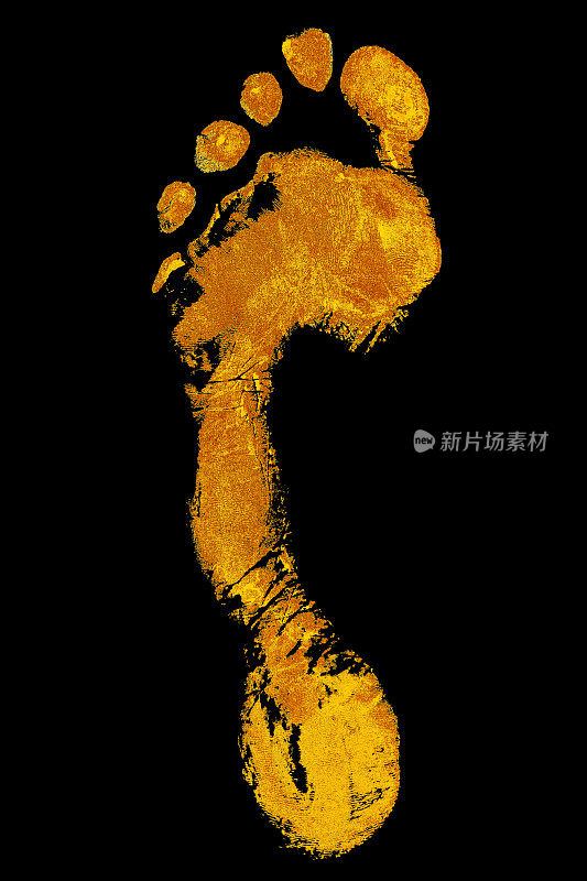 金色的人赤脚脚印在黑色背景上孤立特写，金光闪闪的金色金属人脚印插图，黄色的脚步剪影，光脚形状的印章、印记、标志、符号