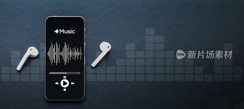 音乐旗帜。手机智能手机屏幕带有音乐应用，声音耳机。音频声音与收音机节拍在黑色背景。广播媒体音乐横幅与拷贝空间。