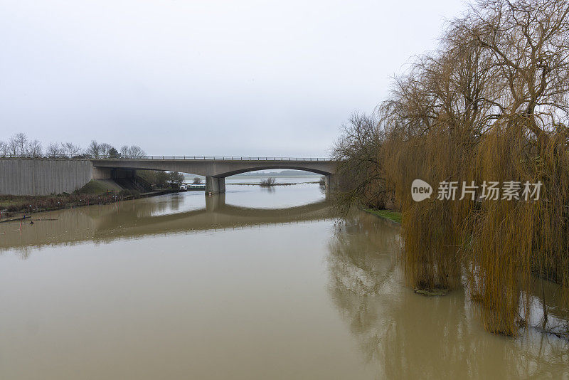 大乌斯河在洪水和柳树的右边