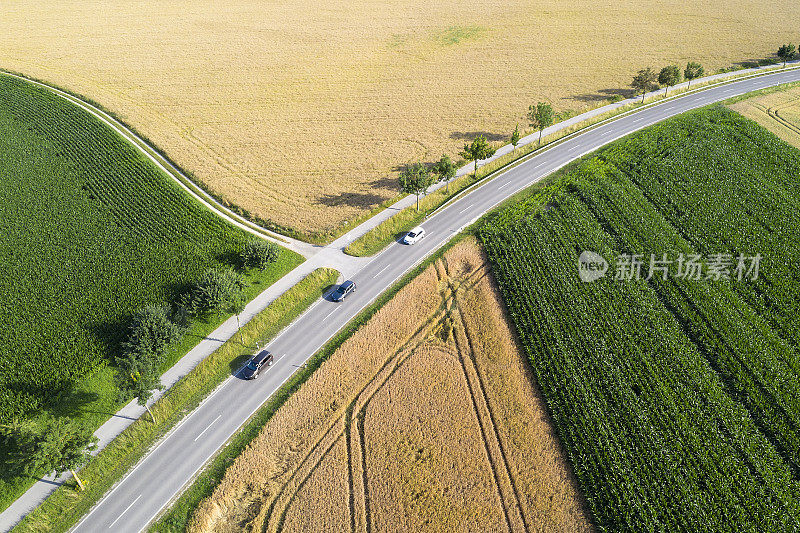 三辆车在田野之间的道路上，鸟瞰图