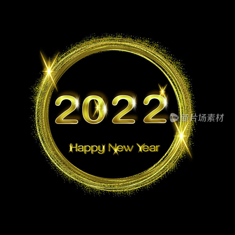 2022年新年快乐，黑色背景上闪闪发光的金色数字。