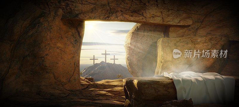 十字架和复活。他已经复活了。耶稣的空墓与十字架的背景和电影照明。复活节或复活