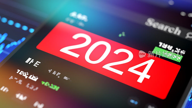 新年概念。2024个数字出现在智能手机屏幕上