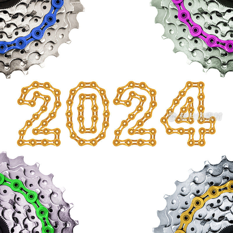 彩色自行车链，角落有MTB卡带，用金色自行车链环制成2024新年快乐