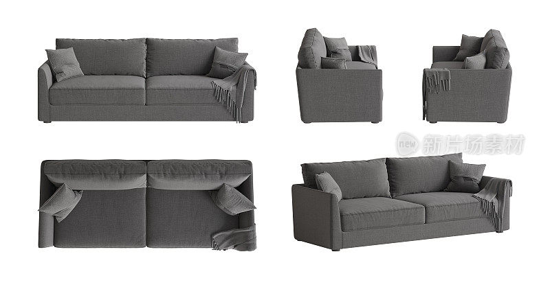 一组现代灰色织物模块化沙发的视图，孤立在白色背景上。有枕头的沙发，还有带流苏的格子呢。正面视图，侧面视图，俯视图，透视。三维渲染