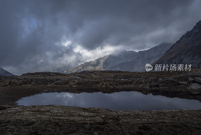 多云天空下的高山湖泊