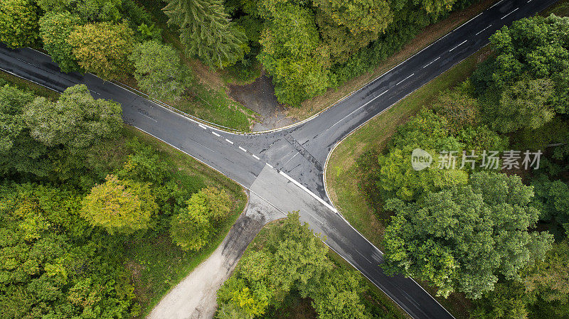 道路交叉口森林鸟瞰图