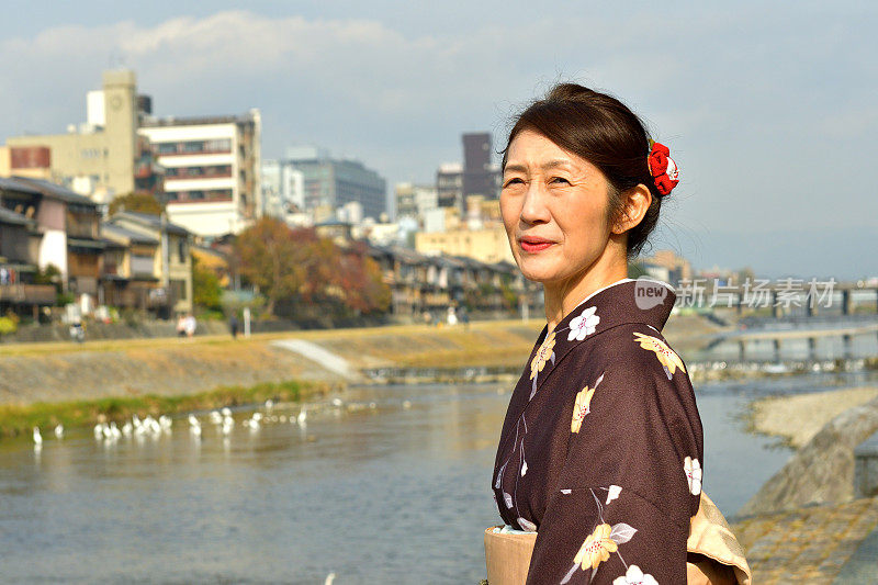 穿着和服的日本妇女在京都的秋天沿着加茂河行走