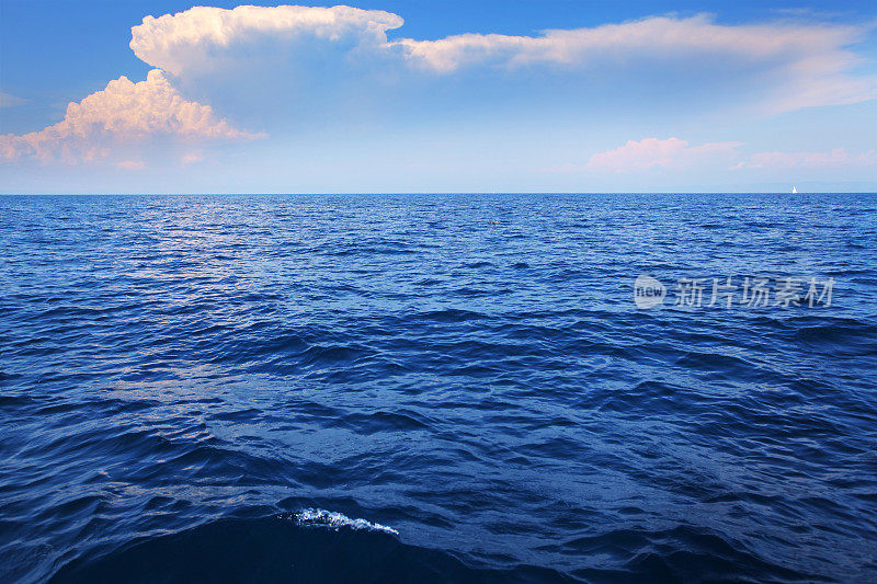 蓝色的海浪、海豚和帆船