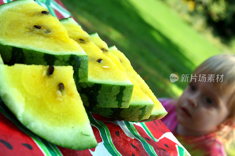 孩子看不寻常的黄色西瓜户外野餐