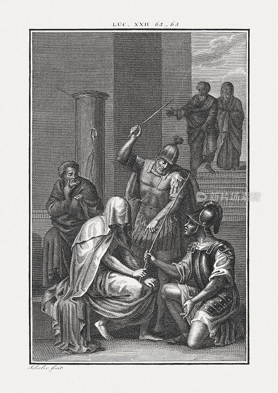 嘲笑耶稣(路加福音22,64)，铜版画，出版约1850年