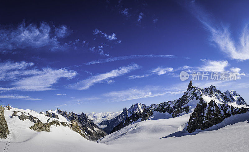 阿尔卑斯雪山山谷引人注目的岩石山峰全景蔚蓝的天空