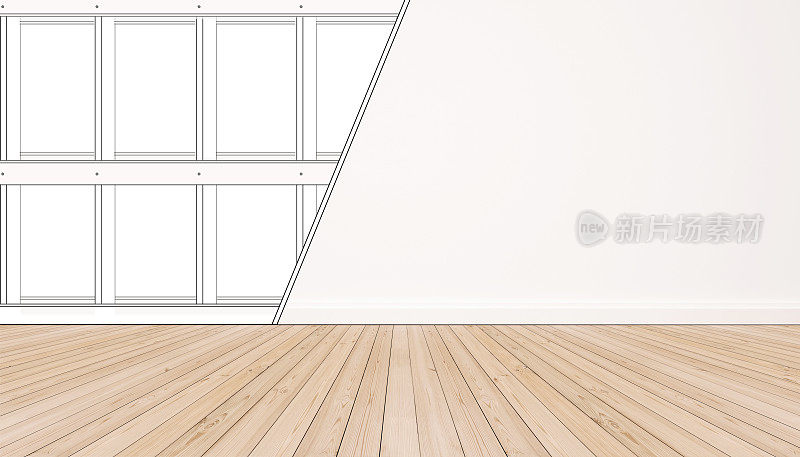 室内空间，白色墙壁的木地板和墙体结构